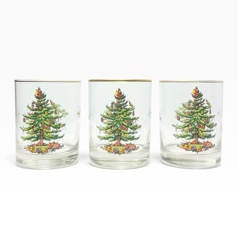 Spode “Christmas Tree” 3 Old Fashioned Tumbler Drinking Glasses 4 1/4” 14oz